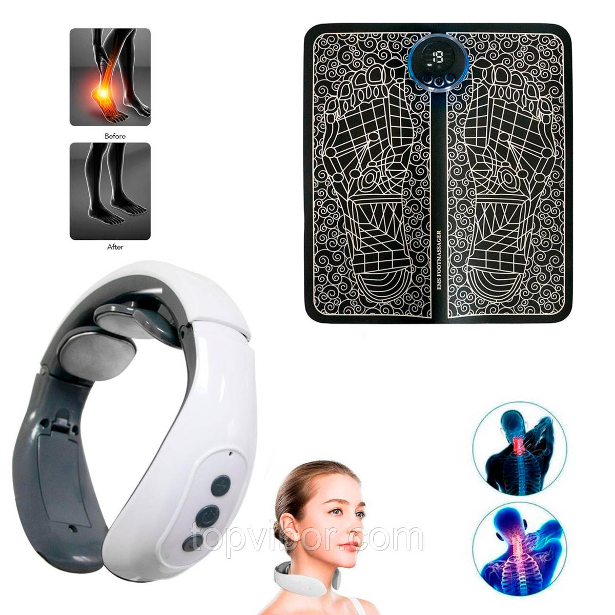 Масажний килимок для ніг EMS Foot Massager 33*27.5см та масажер для шиї "Smart Neck Massager HX-1680"