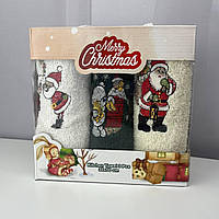 Набор махровых кухонных полотенец Турция Новый год Мишка Санта Дед Мороз 5770 30х50 см 3 шт melmil