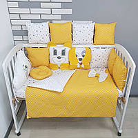 Комплект постільної білизни з ковдрою та бортиками-іграшками на 4 боки ліжечка 120х60см- Жовтий в горошок