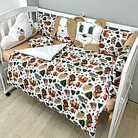 Комплект постільної білизни з ковдрою та бортиками-іграшками на 4 боки ліжечка 120х60см- Бежевий зі звірятами