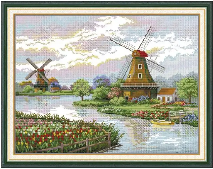 Набір для вишивання за нанесеною на канву схемою "Dutch windmills".AIDA 14CT printed , 54*43 см
