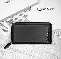 Кожаный кошелек мужской на молнии черный Calvin Klein клатч из натуральной кожи в подарочной упаковке