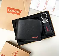 Кожаный кошелек мужской черный Levis брендовый подарочный набор из натуральной кожи подарок мужчине