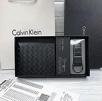 Кожаный кошелек мужской черный Calvin Klein подарочный набор из натуральной кожи брендовый подарок мужчине