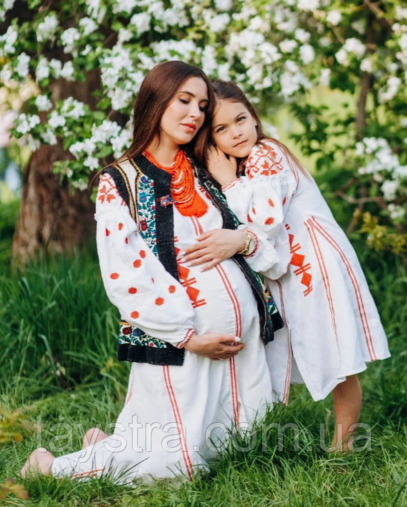 Мама та дочка — вишита пара в бохо стилі, вишиванка, льон, етно, фото 1