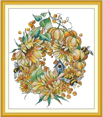 Набір для вишивання за нанесеною на канву схемою "Golden Harvest Wreath".AIDA 14CT printed , 33*37 см