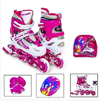 Детский комплект ролики с регулируемым размером защитой и шлемом "Power Champs Pink" с PP клёсами (р 34-37)