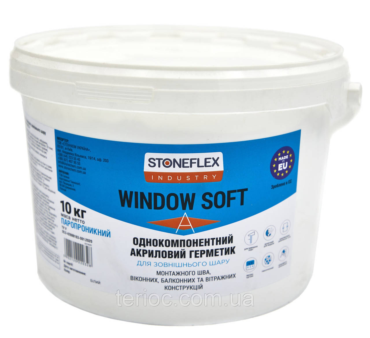 STONEFLEX Industry Window Soft A - Однокомпонентний паропроникливий акриловий герметик, 10 кг