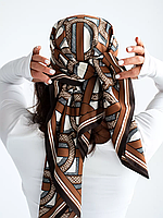 Жіноча хустка бежева, коричнева, легкий шарф, шовкова хустка на голову, косинка, хустка в брендовому стилі, брендовий платок 90 см