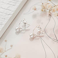Срібні сережки пусети колоподібні Котики з білими перлинами
