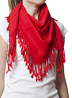 Однотонный шерстяной платок женский красивый большой с бахромой красного цвета
