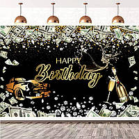 Баннер виниловый для фотозоны Happy Birthday 150х210 см Доллары Черный