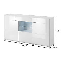 Довгий білий комод з підсвічуванням Toledo 159 см з глянцевим фасадом без ручок із закругленими кутами до зали