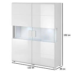 Шафа-вітрина біла з підсвічуванням Toledo 122 см з глянцевим фасадом із закругленими кутами в зал