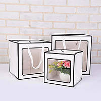 Подарунковий пакет із віконцем білий з чорним кантом 15х15 см