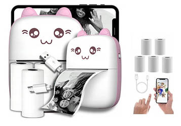 Портативний термопринтер Bambi Cat Mini printer Pink+5 рулонів термопаперу
