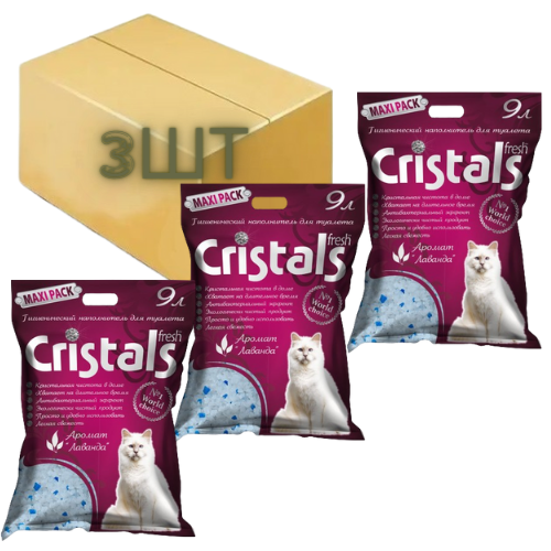 Силикагелевый наполнитель для кошачьего туалета с ароматом лаванды Cristals fresh 9л 3 шт Ящик - фото 1 - id-p2075018909