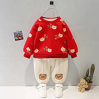 Детский тёплый костюм двойка для девочек. Плюшевый костюмчик для детей, бежевые штаны и красный свитшот