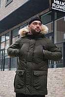 Мужская зимняя парка хаки HotWint с мехом до -20*С удлиненная куртка