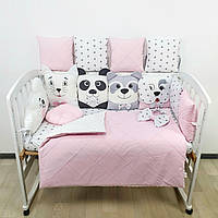 Комплект постільної білизни з ковдрою та бортиками-іграшками на 4 боки ліжечка 120х60см- Рожеві з хмаринкою
