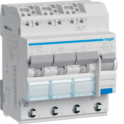 ADZ360D Диференційний автоматичний вимикач 3x(1P+N) 6kA C-10A 30mA тип-А QuickConnect Hager