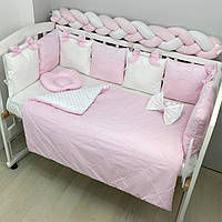 Комплект постільної білизни з ковдрою та бортиками на 4 боки ліжечка 120х60см - З Мереживом рожевий з косичкою