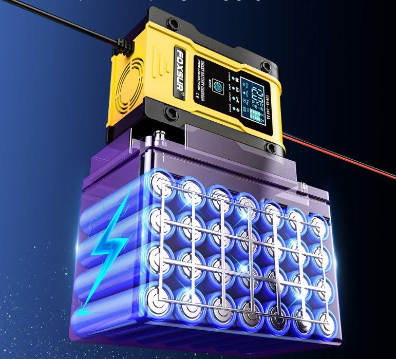 Зарядний пристрій Foxsur 12V 6A 24V 3A для автомобіля, Портативний Автоматичний зарядний пристрій (Жовтий)