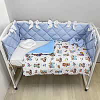 Комплект постільної білизни з ковдрою-конверт та плоскими бортиками у ліжко 120х60см Блакитний з ведмедиками