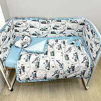 Комплект постільної білизни з ковдрою та плоскими бортиками у ліжко 120х60см-Блакитний з екскаваторами і косою