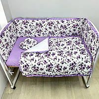 Комплект постільної білизни з ковдрою та плоскими бортиками у ліжко 120х60см-Фіолетовий з квітками та косичкою