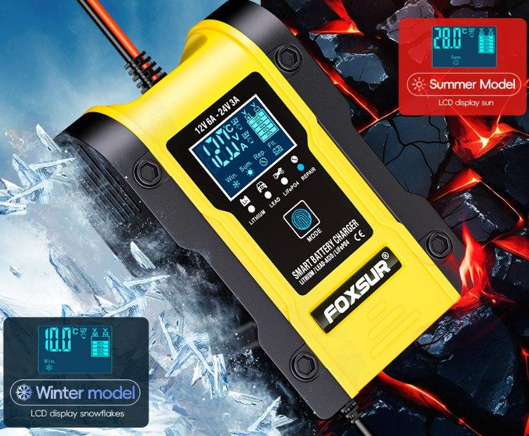 Foxsur зарядний пристрій для акумулятора Авто Мото (12V 6A 24V 3A)Імпульсна зарядка для АКБ акумулятора