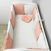 Комплект в ліжечко -простирадло з подушкою та плоскі бортики на 4 боки ліжечка 120х60см - Персиковий в горошок