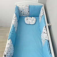Комплект в ліжечко -простирадло з подушкою та плоскі бортики на 4 боки ліжечка 120х60см - Блакитний в зірочку