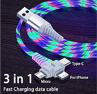 USB кабель 3 в 1 для мобильного телефона Apple Android Type C Микро USB силиконовая неоновая