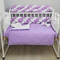 Комплект постільної білизни з ковдрою і бортиками-косами на 4 сплетіння у ліжко 120х60см-Фіолетовий з коронами