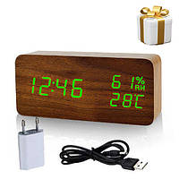 Часы электронные настольные в деревянном корпусе VST-862S коричневый (зеленая подсветка)