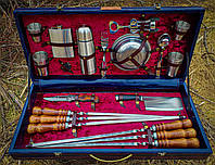 Подарочный набор шампуров "Максимум" в деревянном кейсе с кожей.
