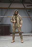 Военный мужской комплект мультикам куртка на флисе+теплые штаны+бафф, тактический мужской комплект камуфляж