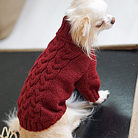 Теплый вязаный шерстяной свитер под горло для собак с узором косичка унисекс Марсала 3