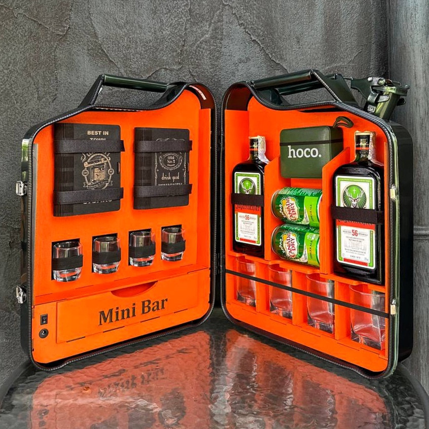 Каністра міні-бар 20 л з кольоровим коробом усередині Jagermeister (Єгермайстер) оригінальний подарунок шефу, куму, фото 1
