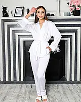 Роскошная пижама женская шелковая с длинными штанами и блузой с длинным рукавом с натуральным пером белая