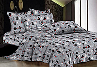 Комплект постільної білизни напівторний 150х215 Різнобарвні коти на сірому Бязь голд люкс
