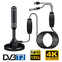 Антенна телевизионная DVB-T2 HDTV 4K Ultra HD комнатная, активная с усилителем 30 dBi, кабель 5 метров, черная