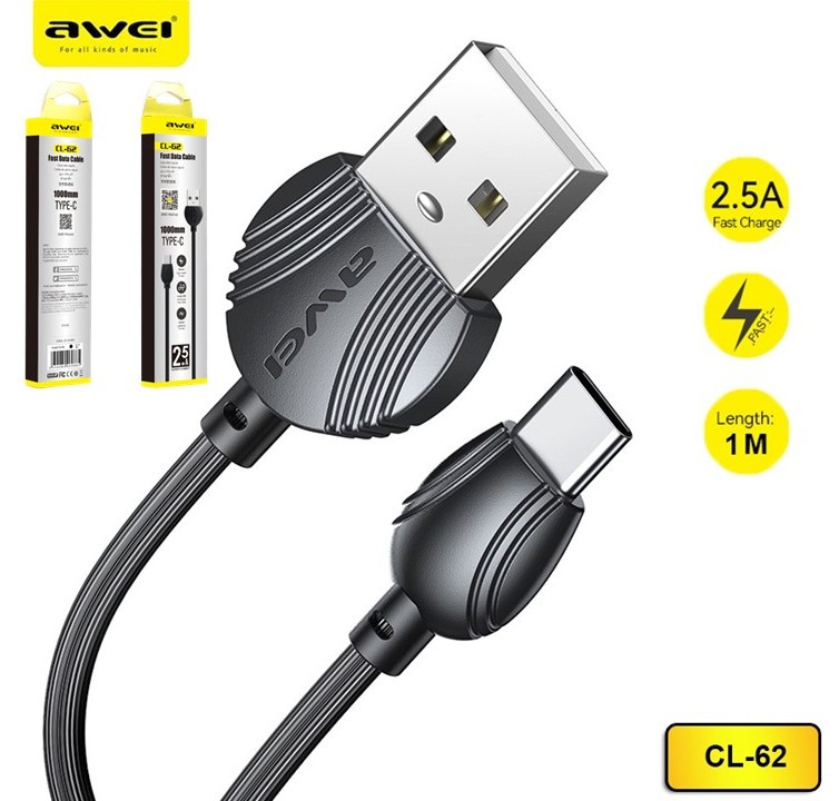Кабель зарядний AWEI CL-62 Type C Black, фото 1