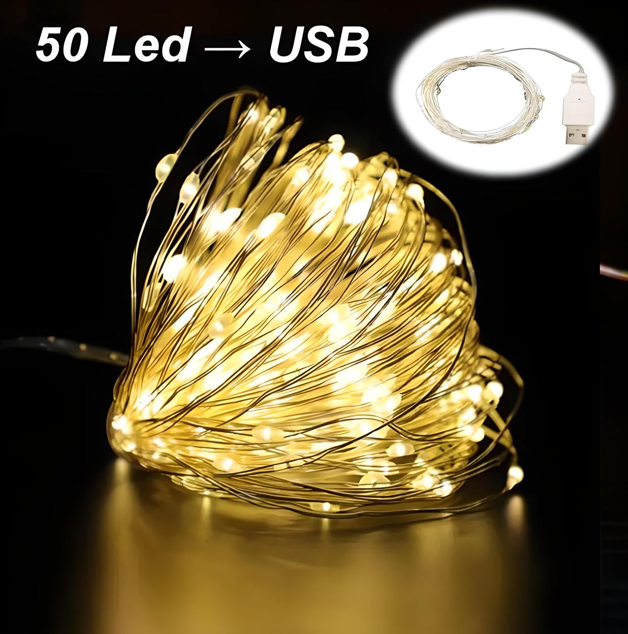 Гірлянда роса USB живлення мідний провід 5 метрів 50 Led Strip String Warm White