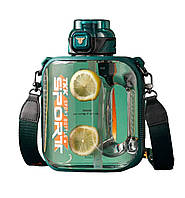 Зеленая, плоская, противоударная, спортивная бутылка для воды, с ремешком, с соломинкой внутри. 1600 мл.