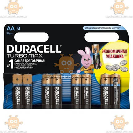 Батарейка AA лужна 1.5 V пальчик Duracell Turbo Max Alkaline 8шт (індикатор заряду), фото 2