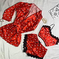 Атласная пижама в сердечки красная с кружевом, спальная пижама шорты + топ + халат