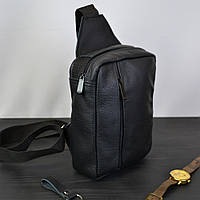 Сумка мужская - кожаная, нагрудная сумка слинг кожаная черная на UR-368 3 кармана (WS)