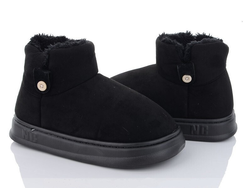 ЧЕРНЫЕ  Угги-тапки BLACK низкие с пуговицей и опушкой на высокой подошве экоЗамша полу ботиночки